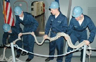 One of the most physically challenging and motivating events in the training calendar is basic seamanship. Recruits start with the basics of line handling and shipboard watch standing.