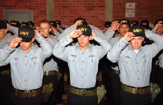 After successful completion of Battle Stations, recruits receive their Navy ball caps, which replace their recruit ball caps.